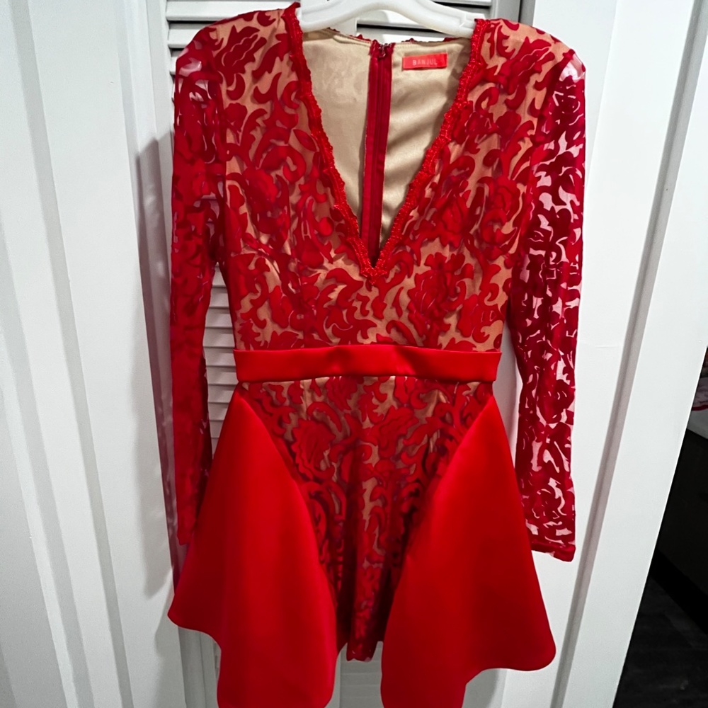 NWOT Low Cut  Red Lace Long Sleeve Dress With Nude Lining HOT HOT HOT - Picture 4 of 16